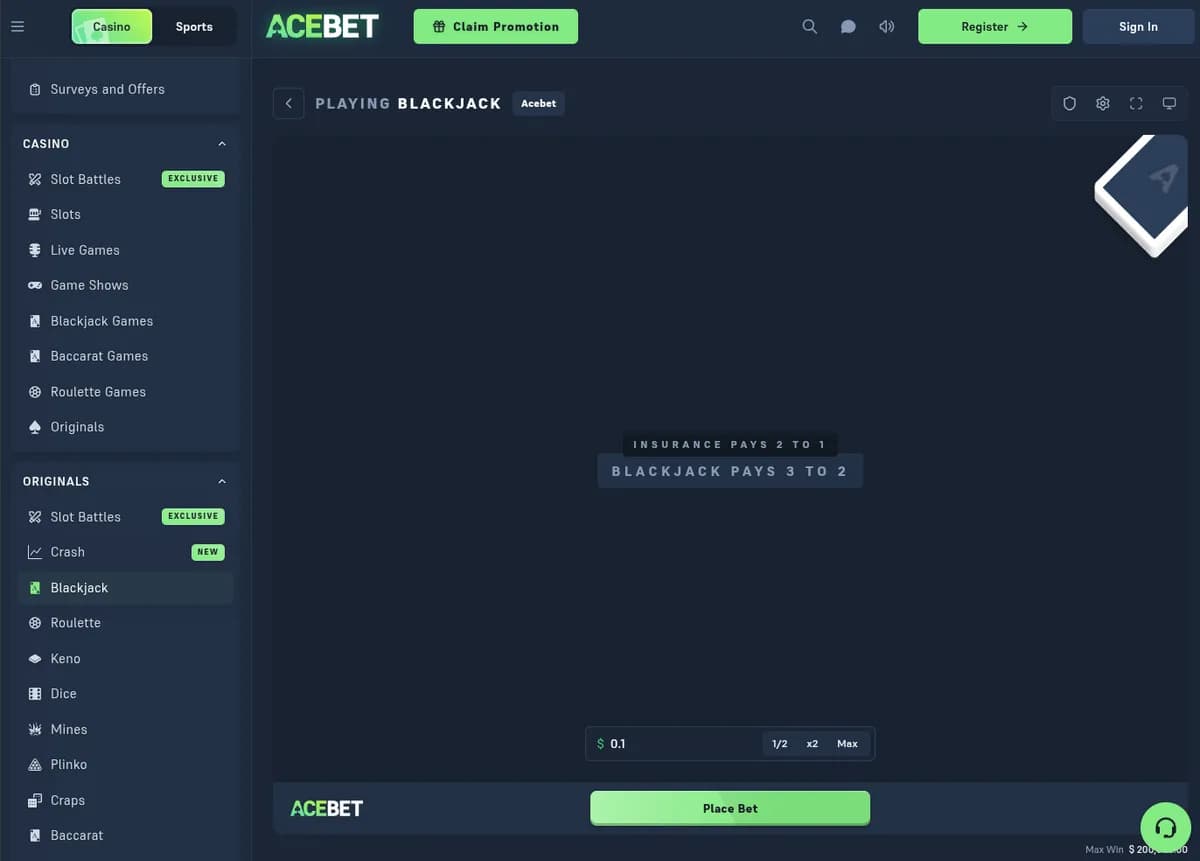 Acebet CS2 blackjack table showing the player-friendly 'Blackjack pays 3 to 2' rule and the bet controls