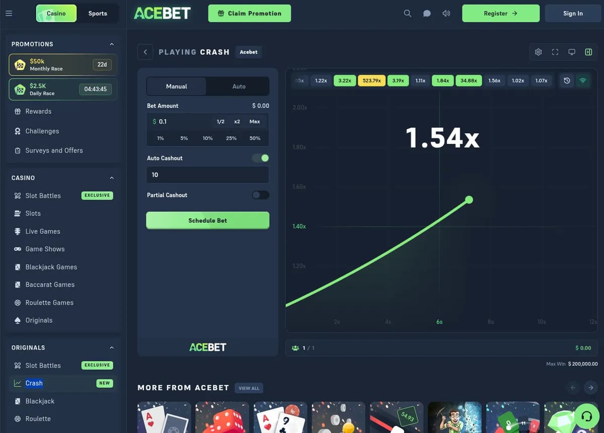 Acebet CS2 crash round with the multiplier curve climbing to 1.54x and auto-cashout armed at 10x