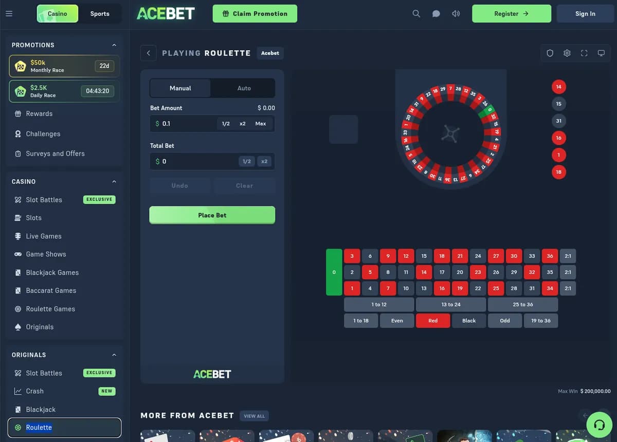 Acebet CS2 roulette with a single-zero European number wheel and the classic red and black betting board