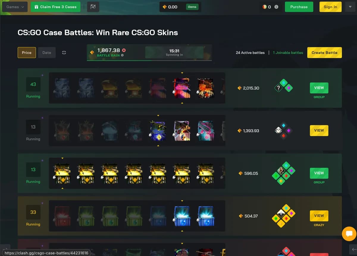 Clash.gg CS2 case battles lobby listing active battles, case lineups and pot values