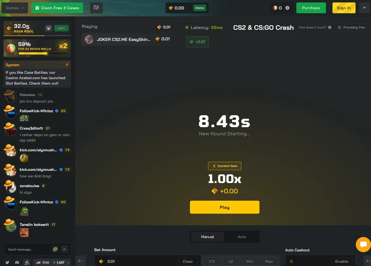 Clash.gg CS2 crash game showing the live multiplier, recent rolls and cash-out controls
