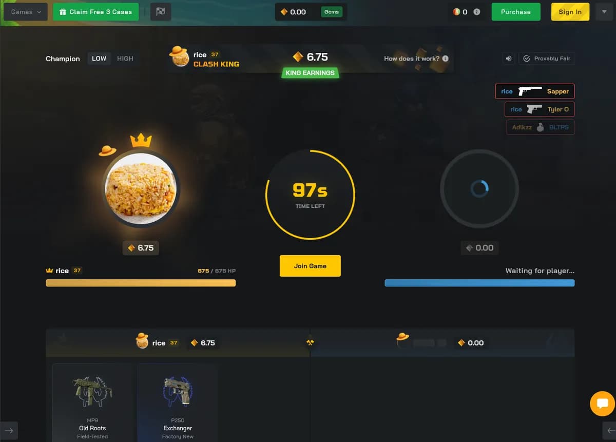 Clash.gg CS2 jackpot pot with player skin deposits, win percentages and a round countdown timer