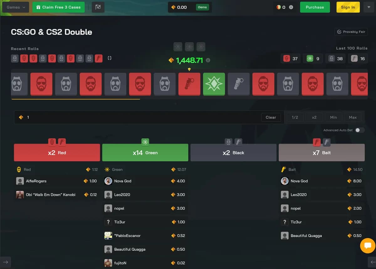 Clash.gg CS2 roulette (CS:GO Double) wheel with red, green and black bets placed and recent rolls shown