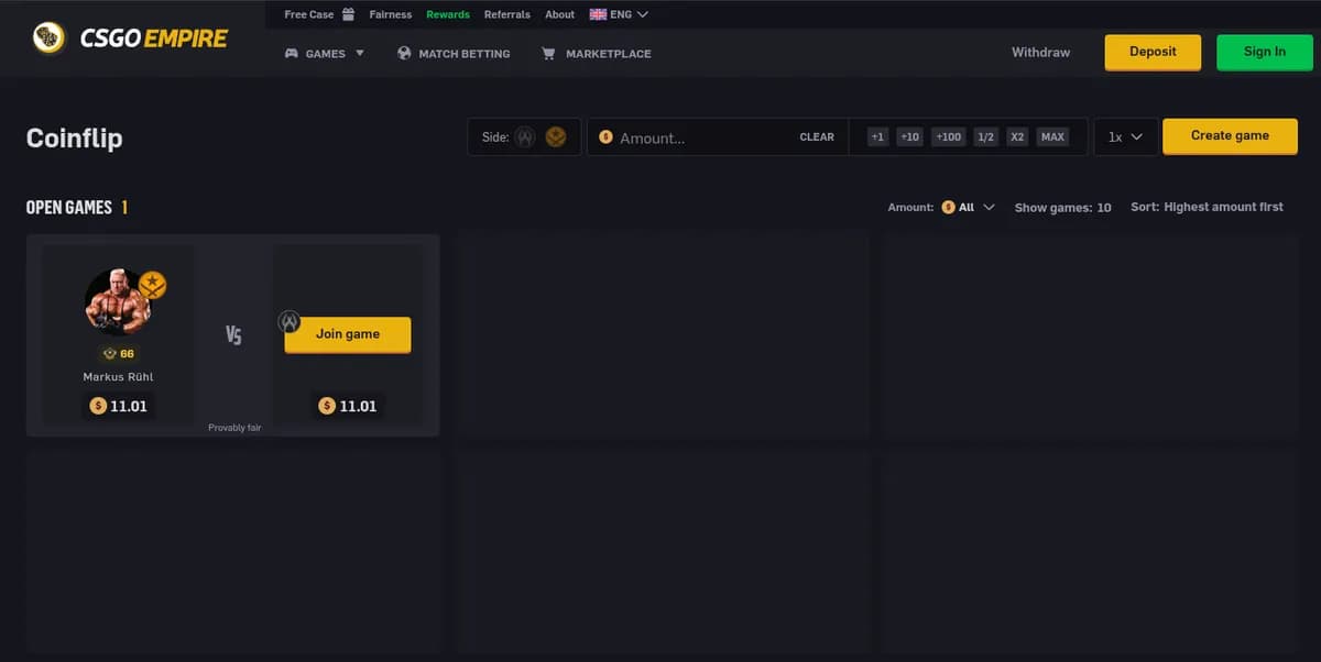 CSGOEmpire CS2 coinflip lobby with an open 50/50 game between two players
