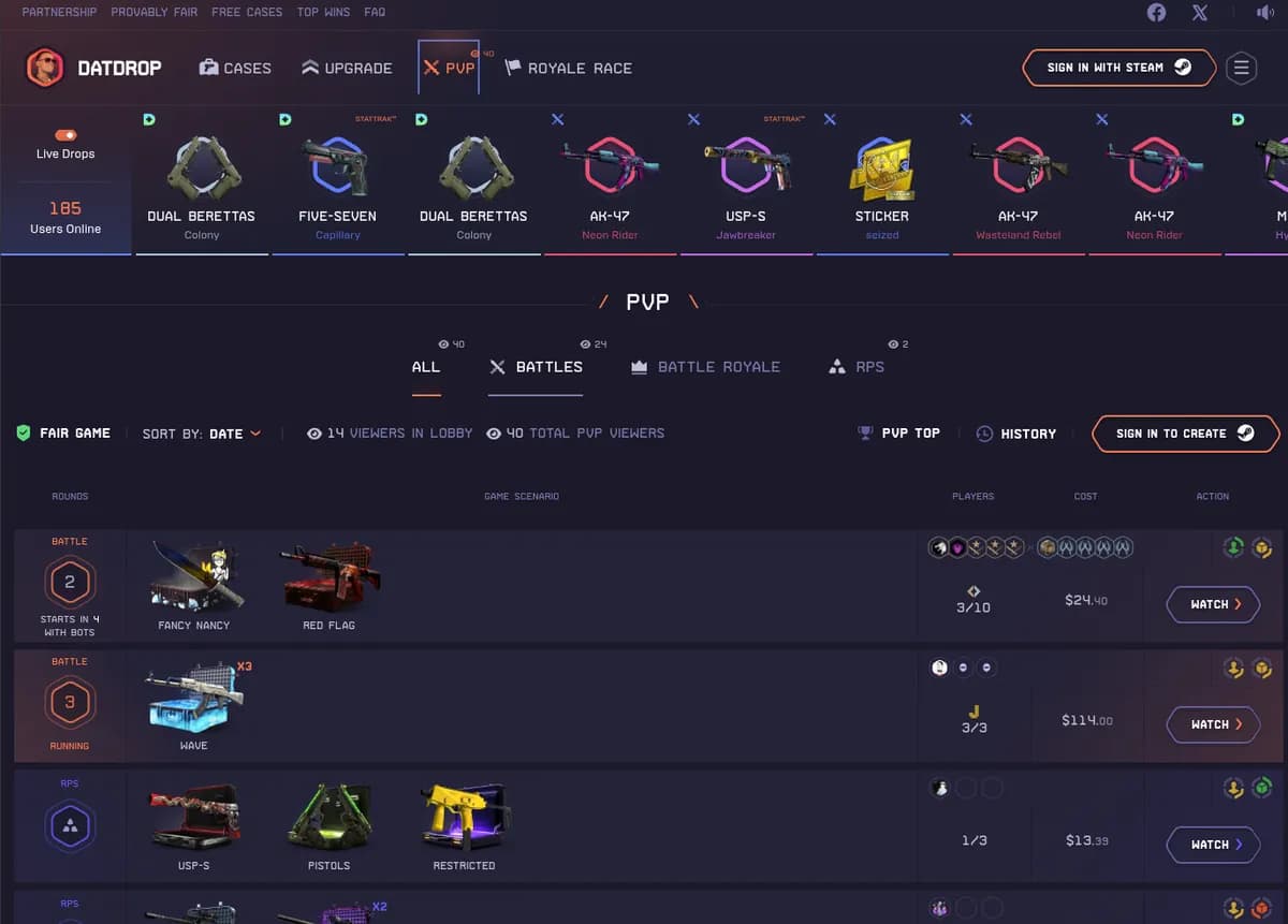DatDrop CS2 case battles PvP lobby with active battles, player counts and entry costs