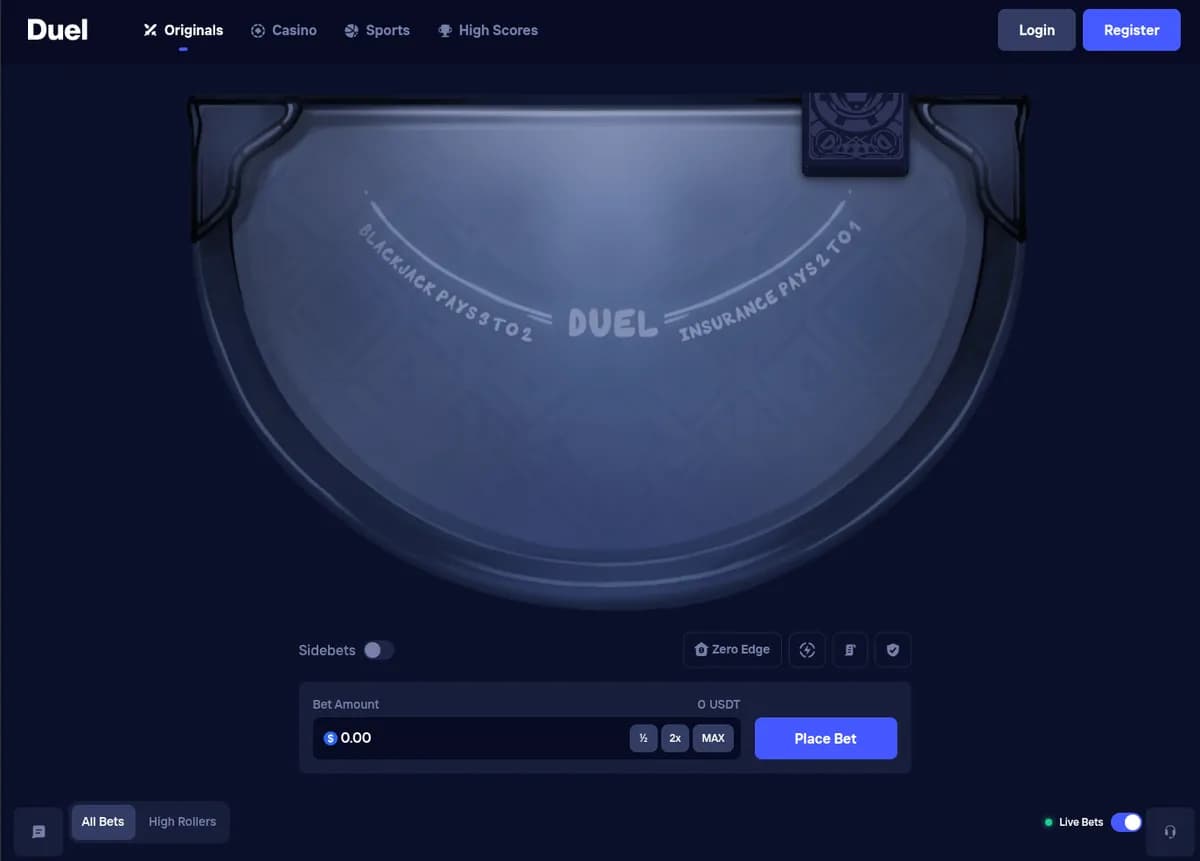 Duel.gg CS2 blackjack table with a 3:2 payout rule and the place-bet controls