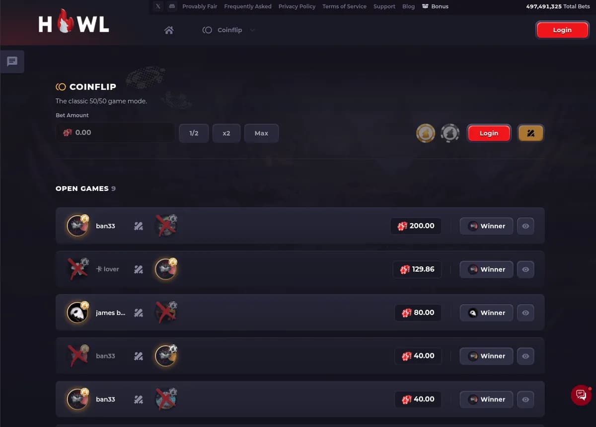 Howl.gg CS2 coinflip open games list showing live player bets sorted by pot size