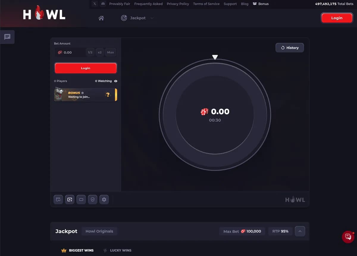 Howl.gg CS2 jackpot wheel with bet controls, a round countdown and a 95% RTP display