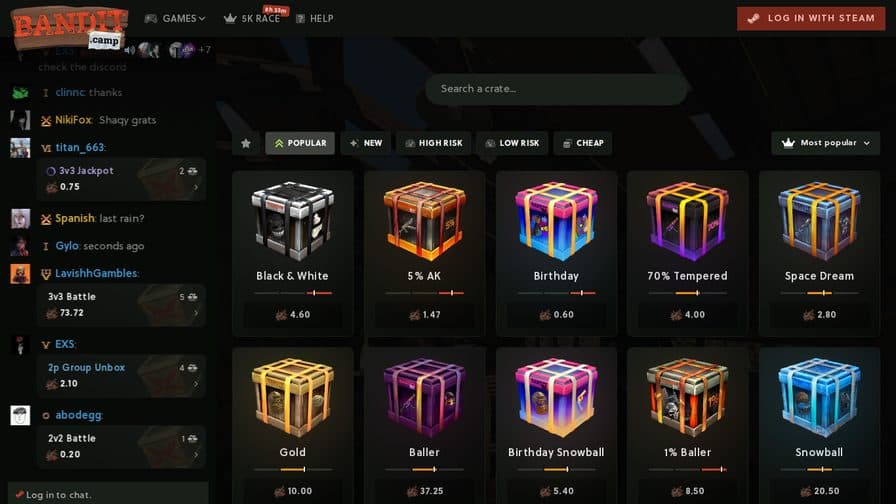 BanditCamp Rust gambling site crate selection screen