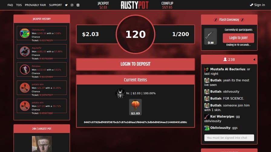 RustyPot Rust jackpot and coinflip gambling site