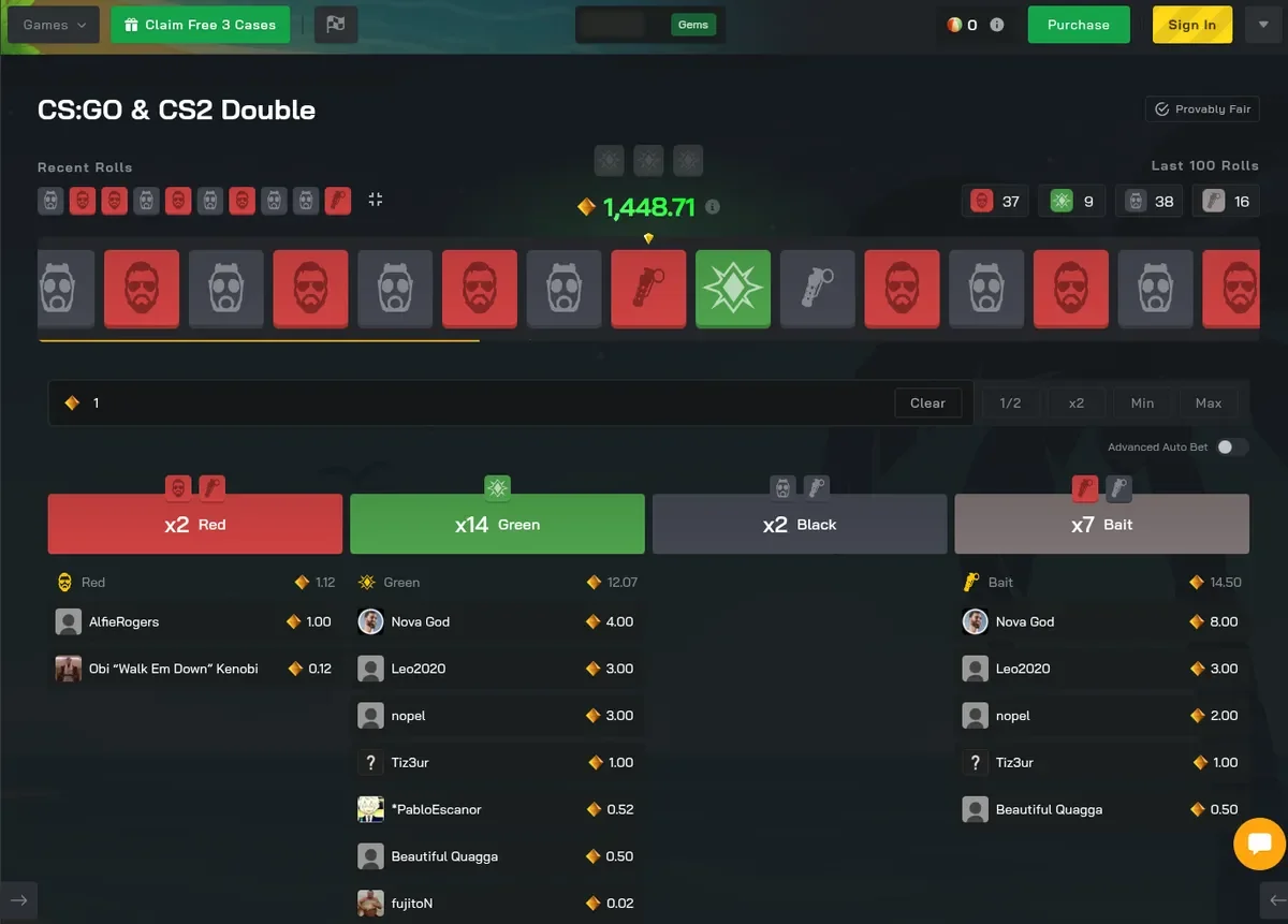 CS:GO and CS2 Double on Clash.gg, a CS2 roulette wheel with red and black at 2x, green at 14x, Bait at 7x and the last 100 rolls