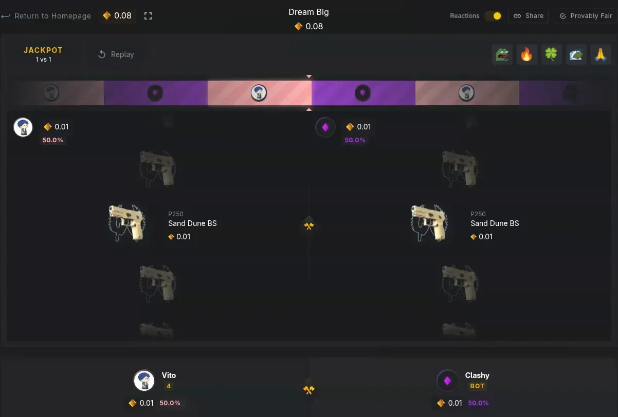 Our Clash.gg jackpot battle against the bot Clashy, one Dream Big case, with both players on a P250 Sand Dune at 50.0% and the draw bar stopped on our side