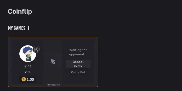 Our 1.00 coinflip on CSGOEmpire, on the CT side and waiting for an opponent, with a Cancel game button and a Call a Bot link