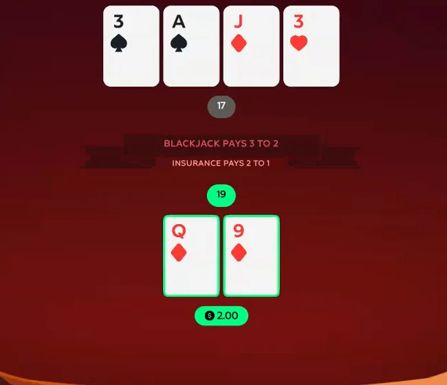Our finished hand at Gamdom's Blackjack: the dealer's 3, ace, jack and 3 on 17 above the felt's Blackjack pays 3 to 2 line, and our queen and 9 on 19, marked as the win, with a 2.00 chip