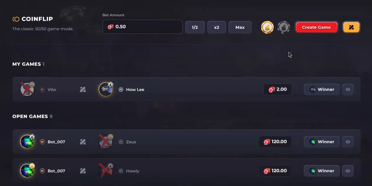 The Howl.gg coinflip page, with a 0.50 bet in the amount box, the gold and silver coin picker next to Create Game, and the open games below