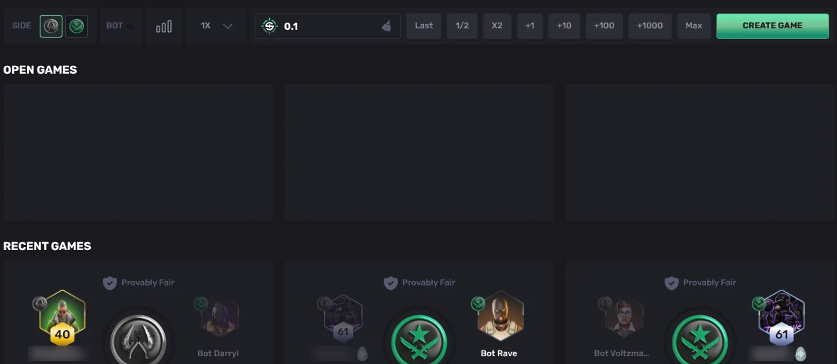 The SkinRave coinflip page: the side picker, the Bot switch, the 1x games menu, a 0.1 stake and Create Game above the open games, and recent games against its bots marked Provably Fair