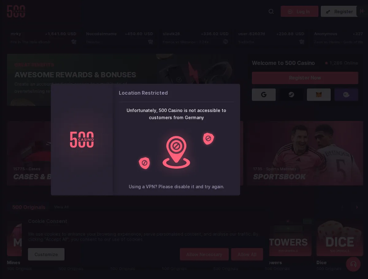 500 Casino originals, slots and live casino game selection