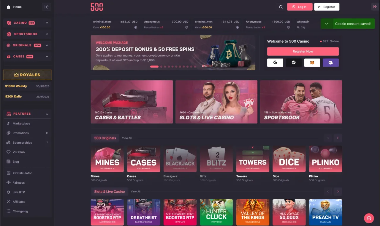500 Casino homepage with the Casino, Sportsbook, Originals and Cases menu, the 300% welcome package banner, the Royales prize pools and the row of 500 Originals