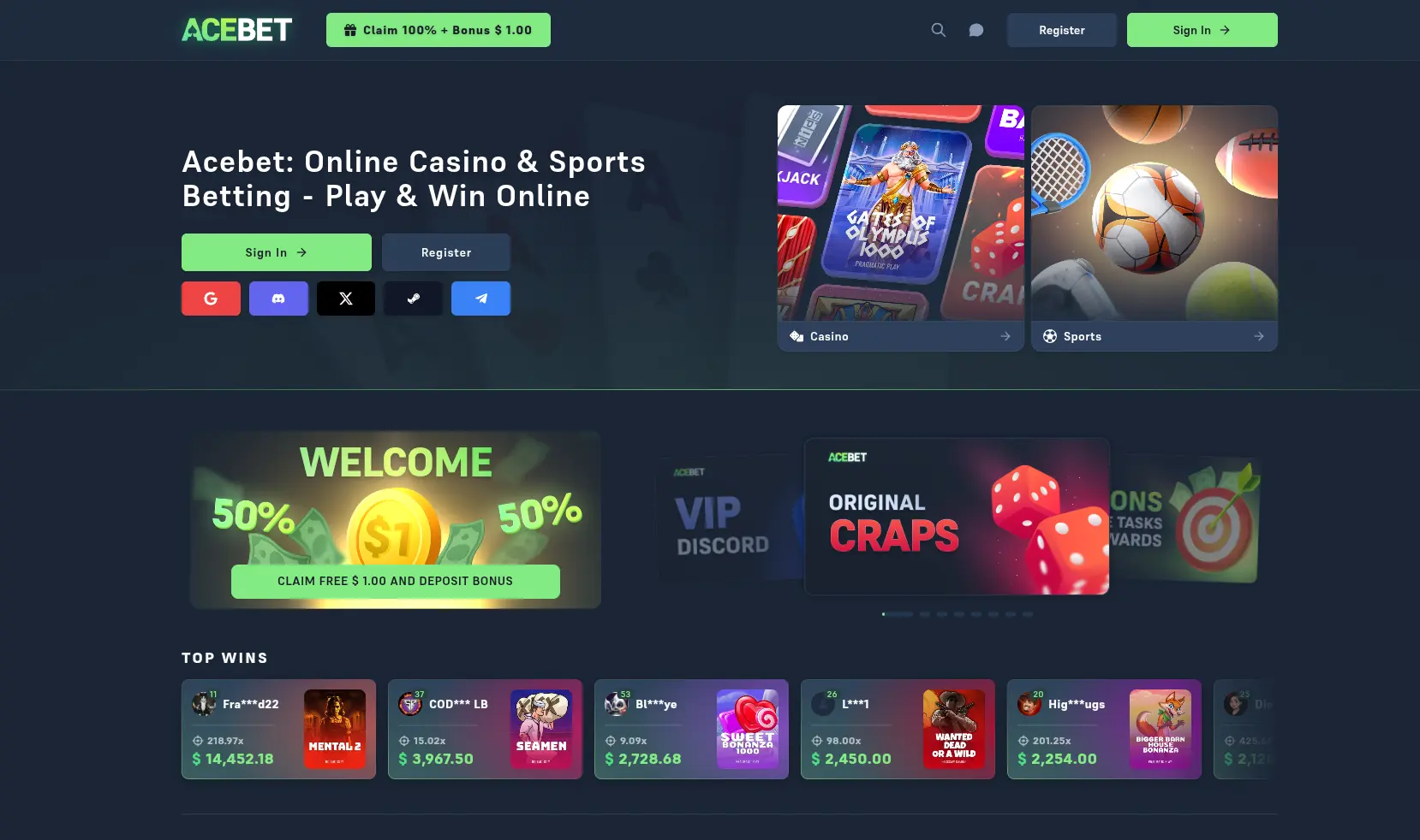 Acebet crypto casino homepage — game lobby and platform overview