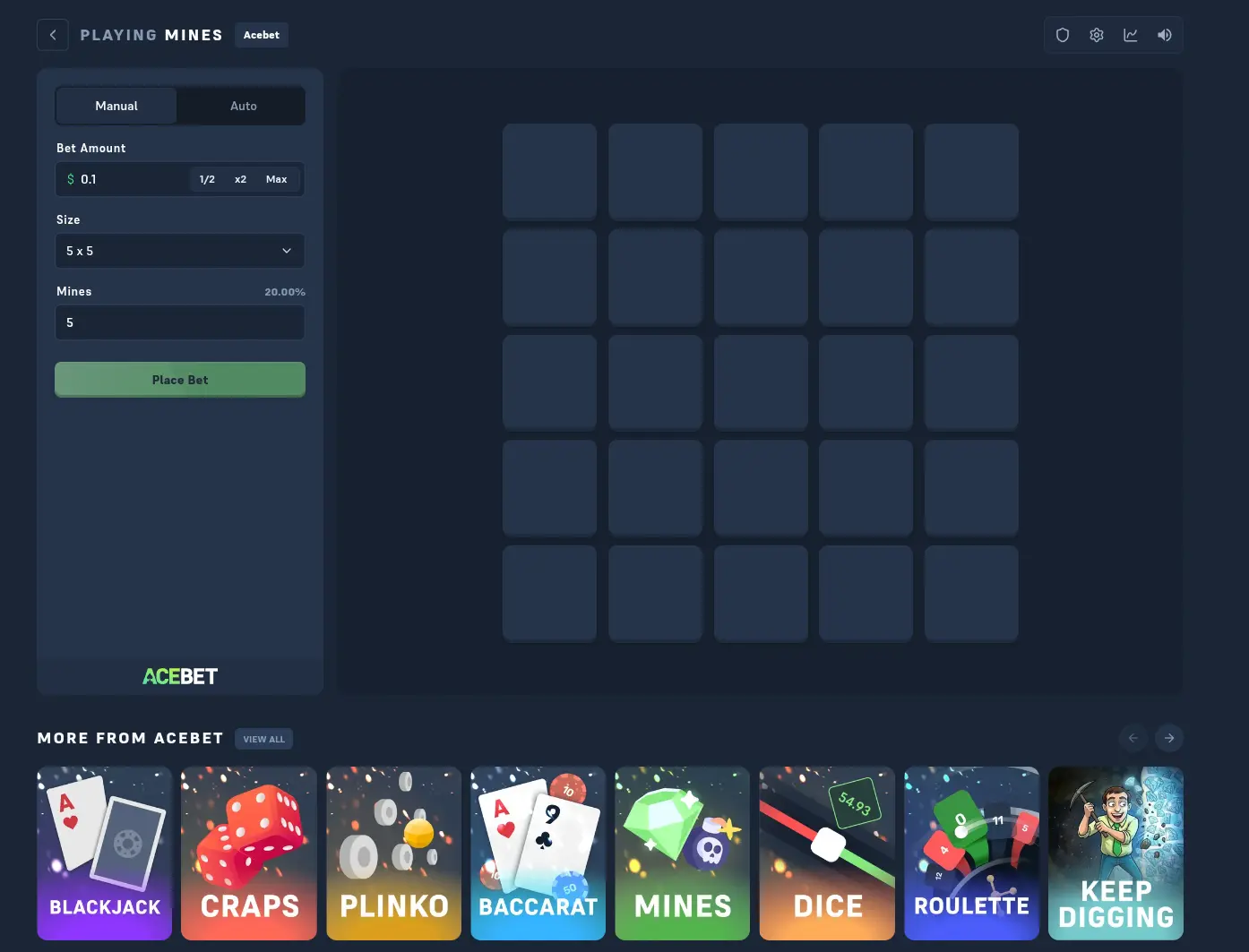 Acebet Mines and original provably fair casino games