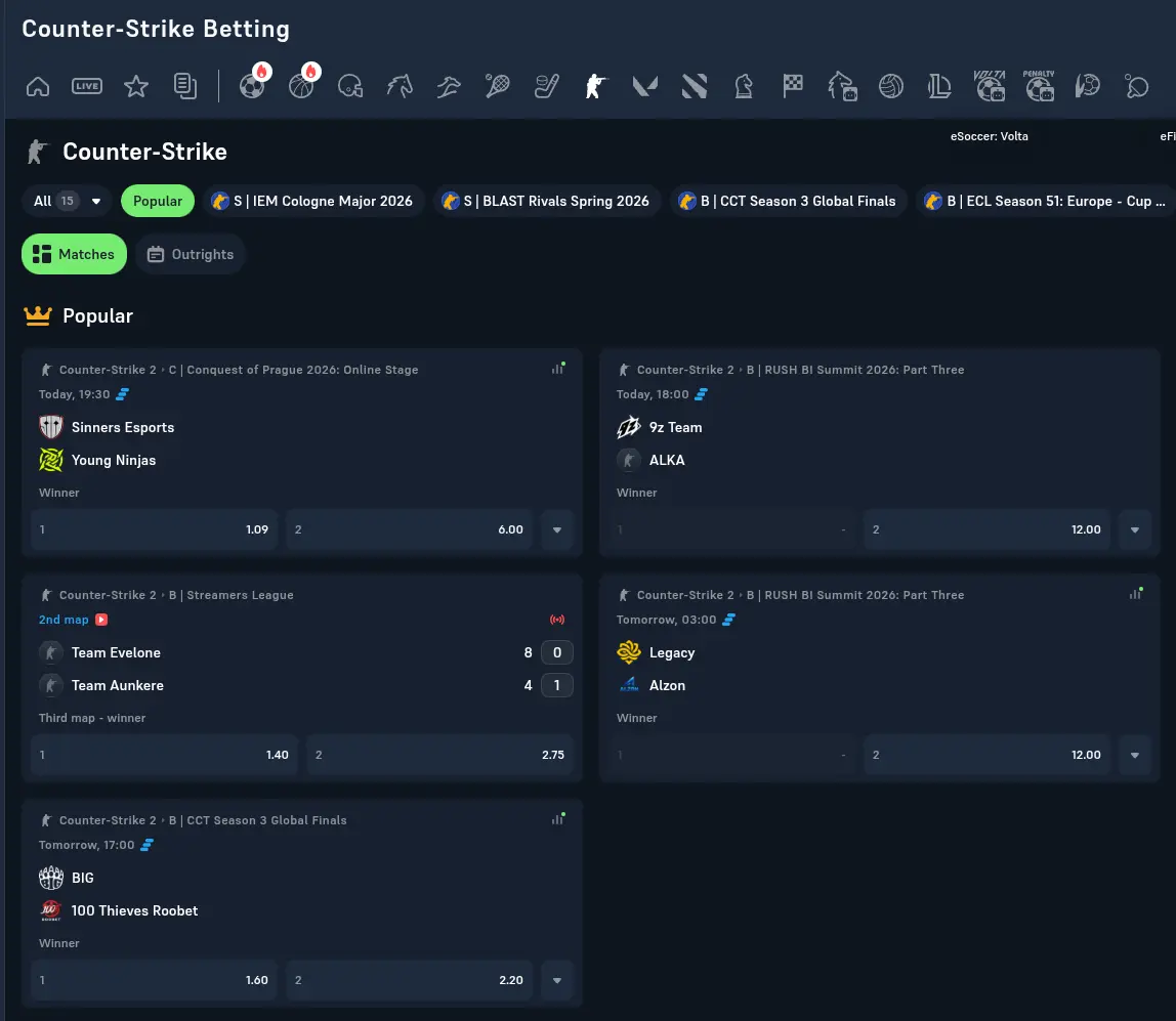 The Counter-Strike section of the Acebet sportsbook, with IEM Cologne Major and BLAST matches and their odds