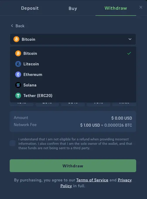 The Withdraw tab on Acebet, with Bitcoin, Litecoin, Ethereum, Solana and Tether to choose from