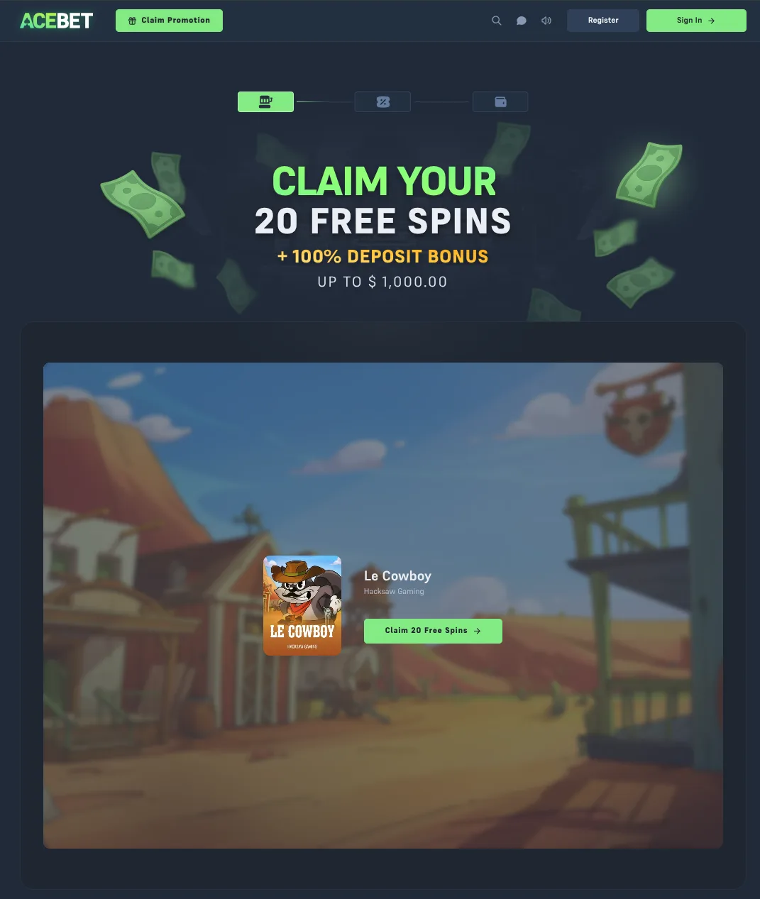 The Acebet welcome offer, 20 free spins on Le Cowboy plus a 100% deposit bonus up to $1,000