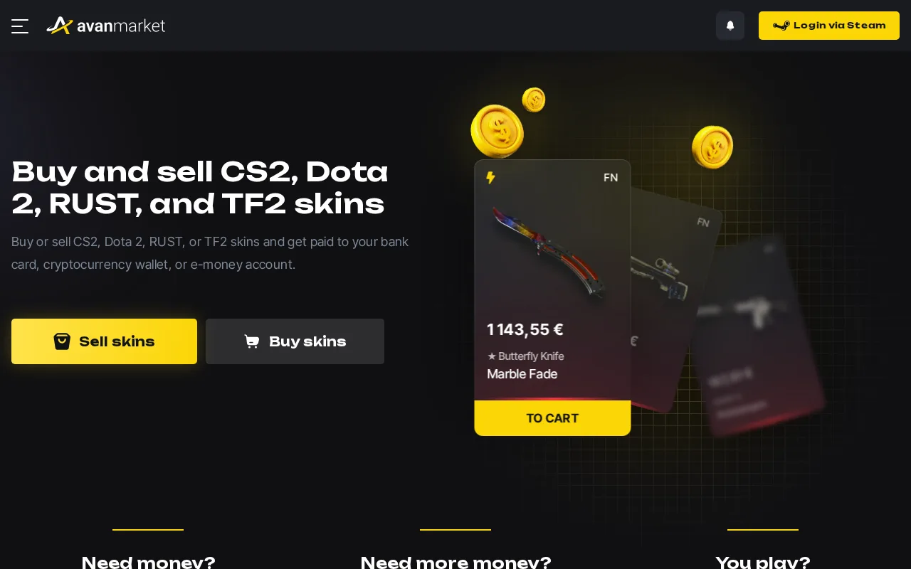 The Avan.Market homepage, logged out, with Buy and sell CS2, Dota 2, RUST, and TF2 skins, the Sell skins and Buy skins buttons and a Butterfly Knife Marble Fade card