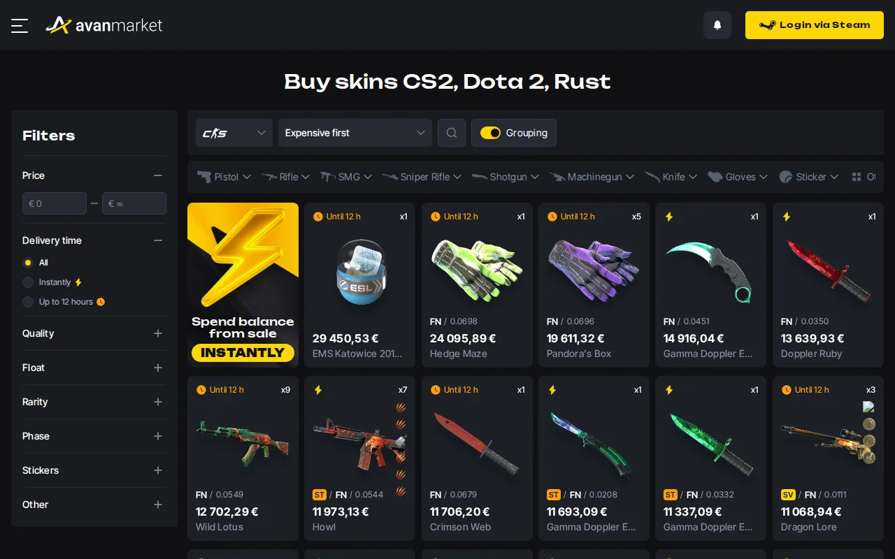 The Avan.Market CS2 market, logged out, with filters for price and delivery time, Instantly or Up to 12 hours, and knives and gloves priced in euros