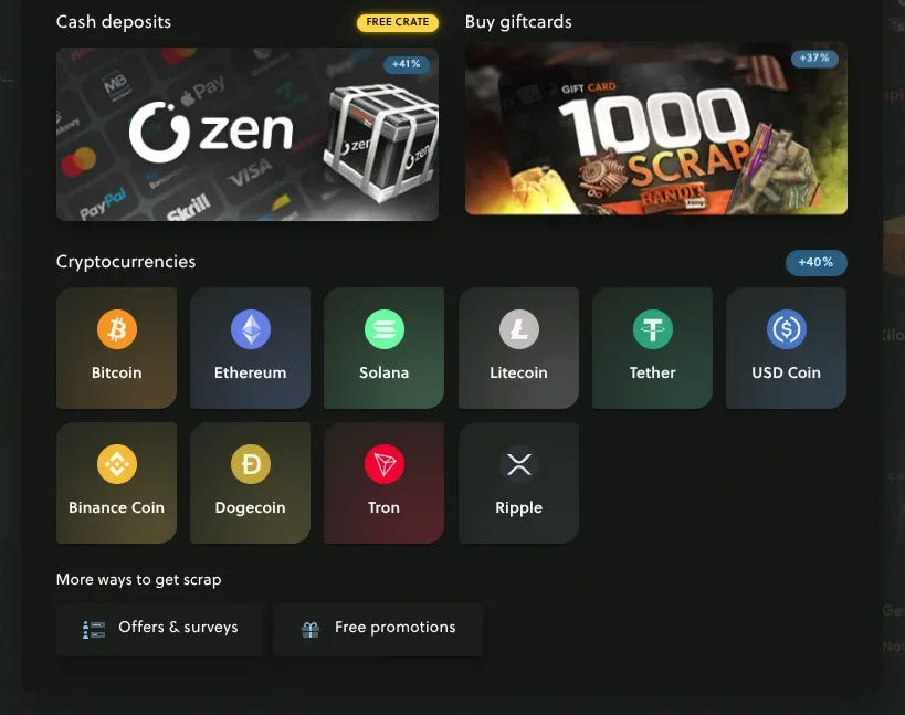 The Bandit.Camp deposit screen with cash through ZEN at +41% and a free crate, gift cards at +37%, and 10 coins at +40%