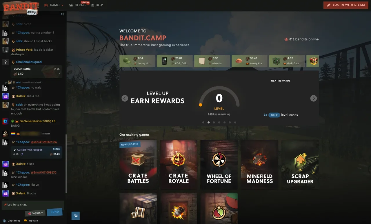 Bandit.Camp homepage with its games: Crate Battles, Crate Royale, Wheel of Fortune, Minefield Madness and Scrap Upgrader