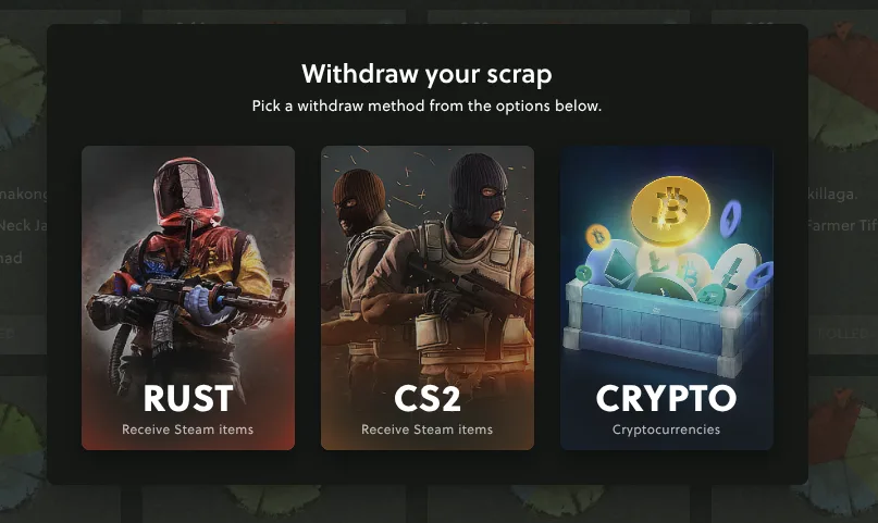 The Bandit.Camp withdraw screen with three options: Rust skins, CS2 skins and crypto