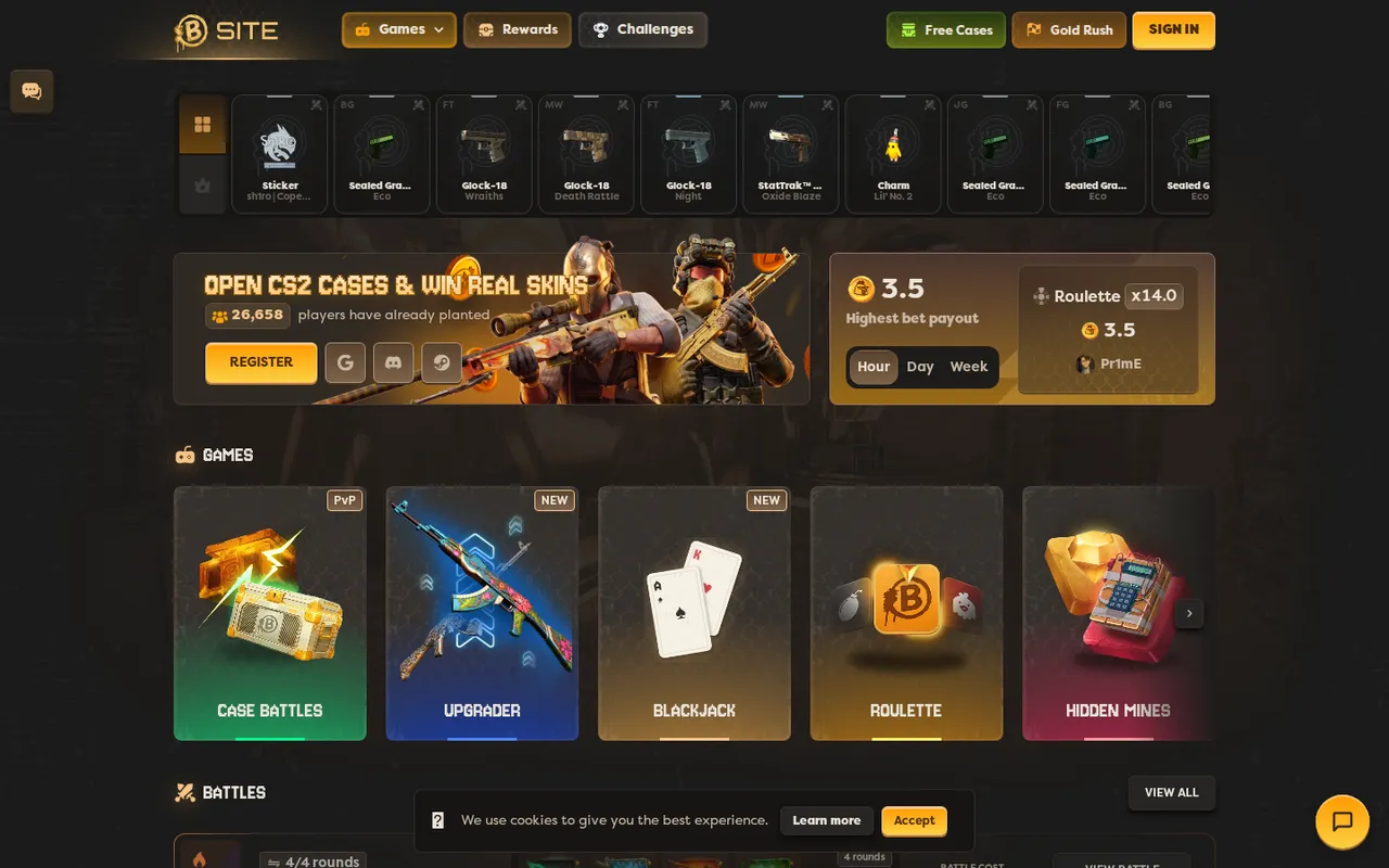 BSite homepage in August 2026 — Case Battles, Upgrader, Blackjack, Roulette and Hidden Mines, with free cases and sign-in via Steam, Google or Discord