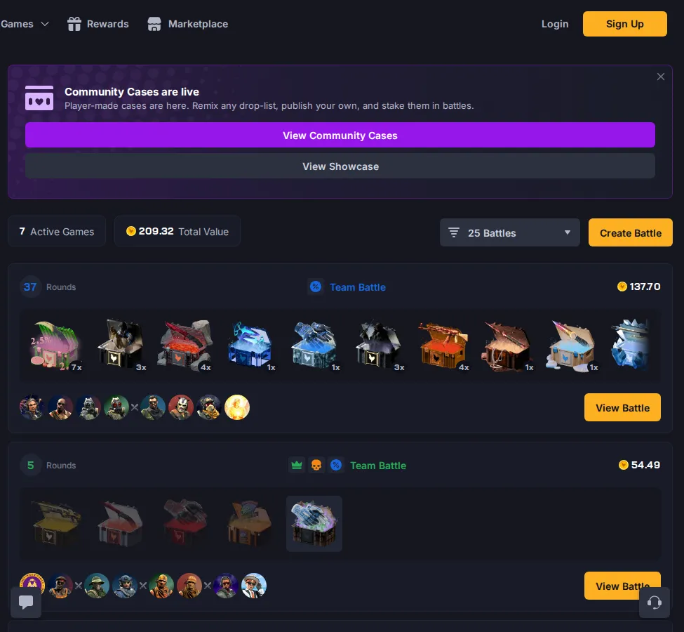 The Chicken.GG case battle lobby, showing team battles, rounds and round multipliers