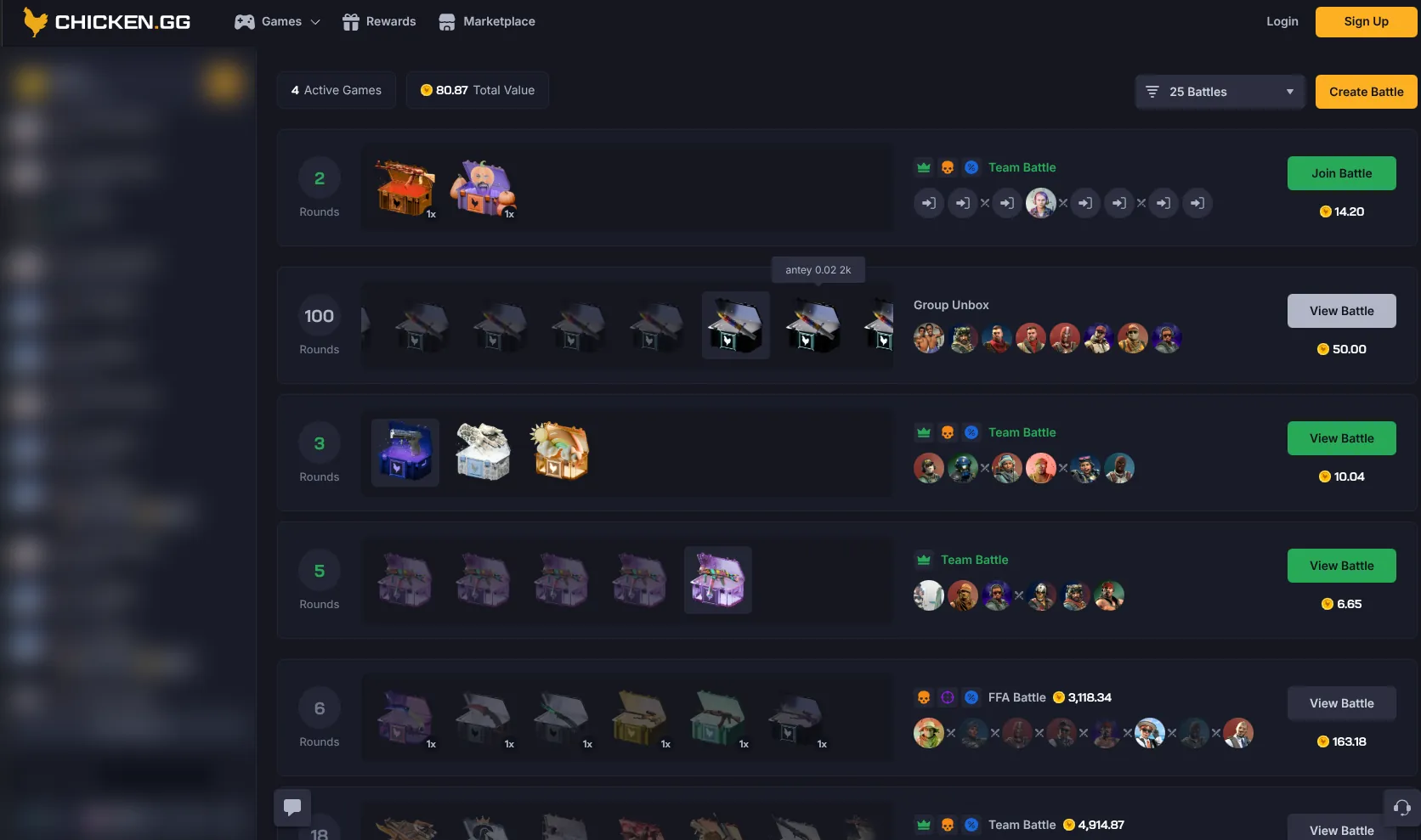 Chicken.GG Case Battles lobby showing team battles, group unbox, and FFA battles with live pots