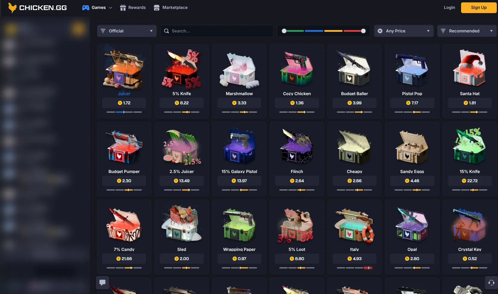 Chicken.GG case opening lobby with cases from budget to premium knife cases
