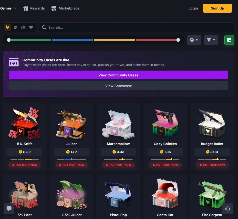 The Chicken.GG case list, with the drop-rate filter above it and the odds bar under each case