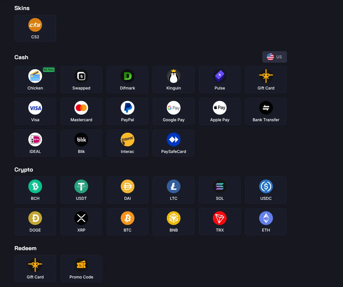 Chicken.GG deposit methods showing cards, PayPal, Apple Pay, regional payments, and 12 cryptocurrencies