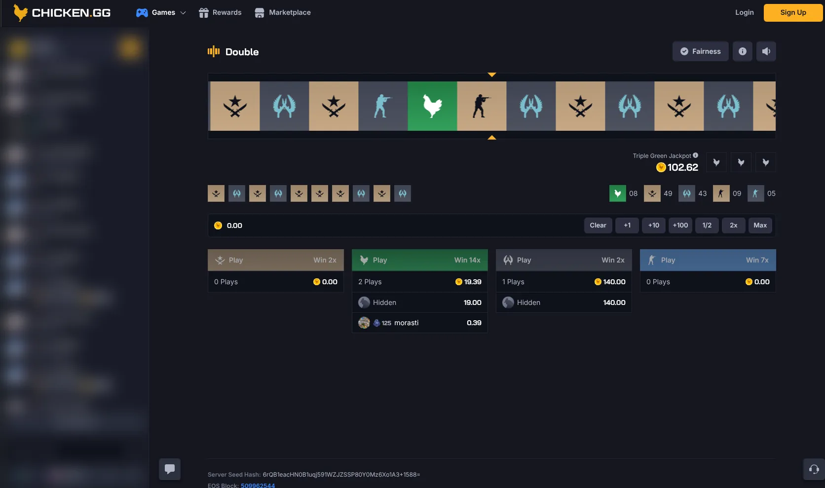 Chicken.GG Double game showing the provably fair server seed hash and EOS block verification