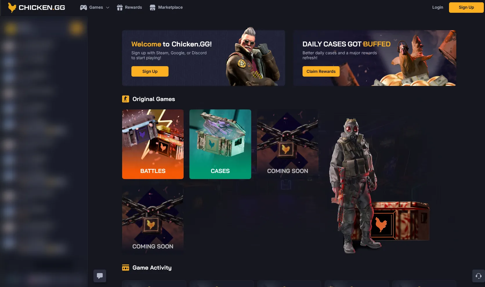 Chicken.GG homepage showing the case opening site's games, battles, and rewards navigation