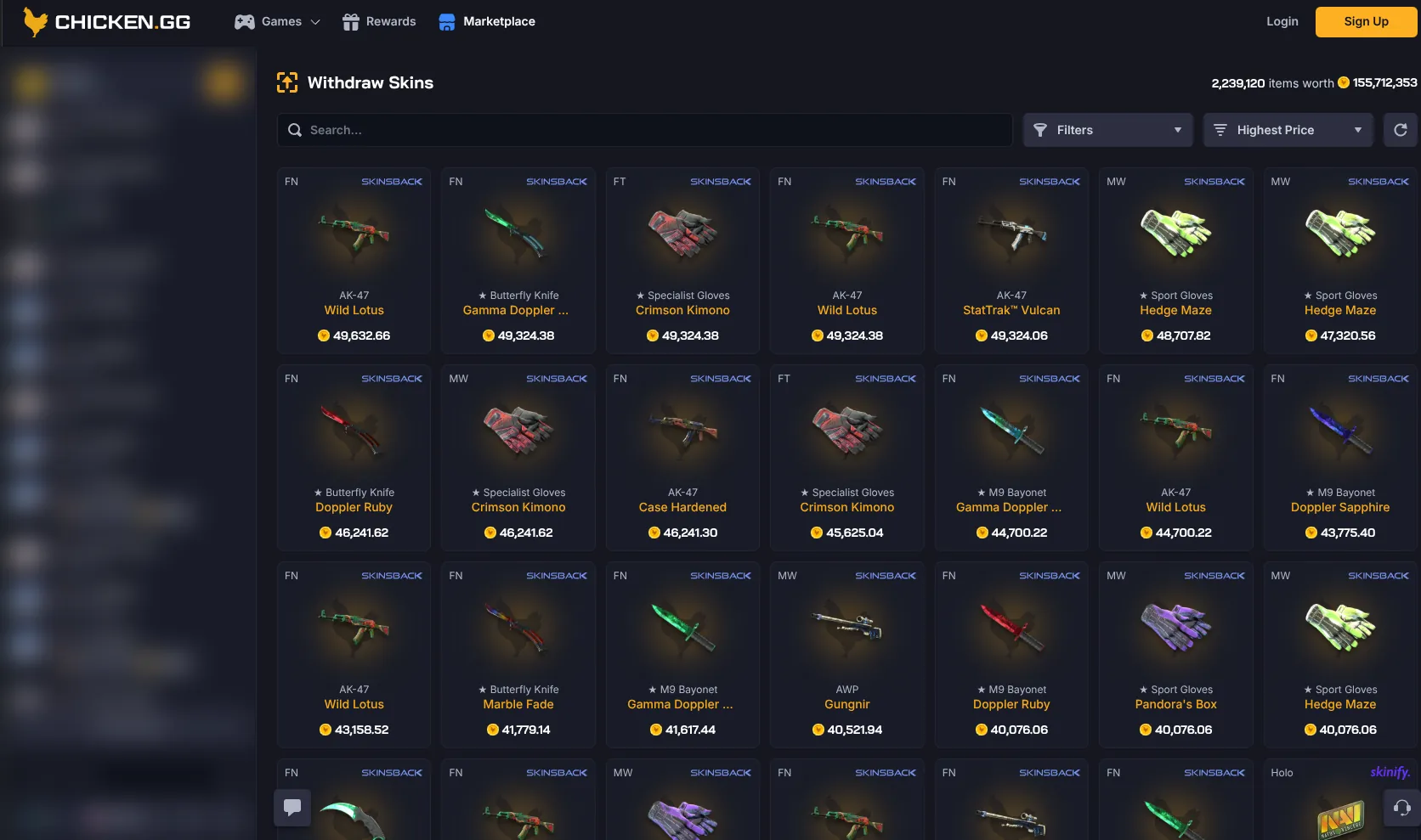 Chicken.GG skin marketplace with over 2 million CS2 items available for withdrawal