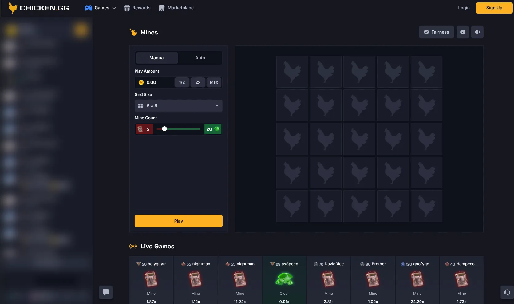 Chicken.GG Mines game with adjustable grid size and mine count