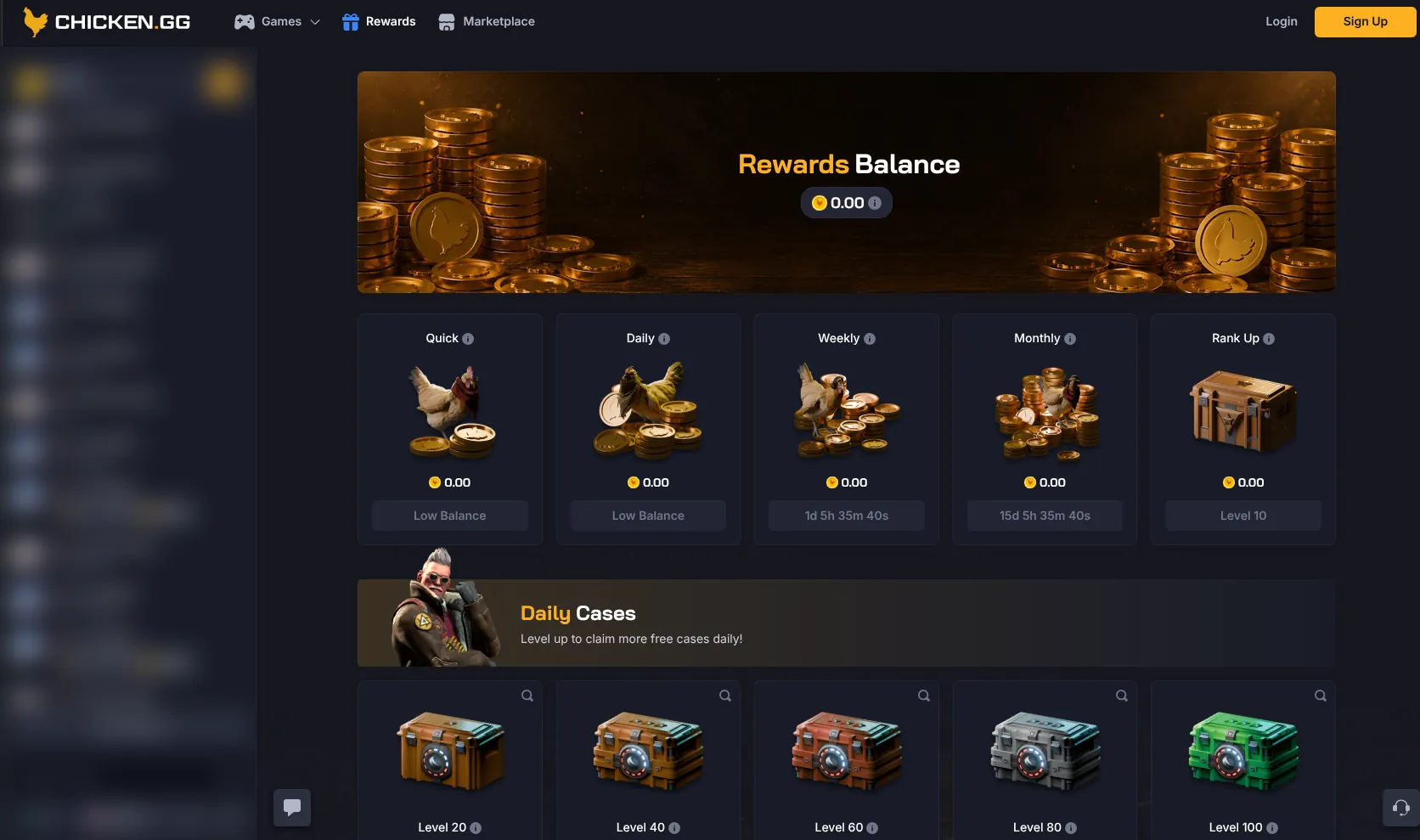 Chicken.GG rewards page with daily, weekly, monthly reward claims and level-gated free daily cases