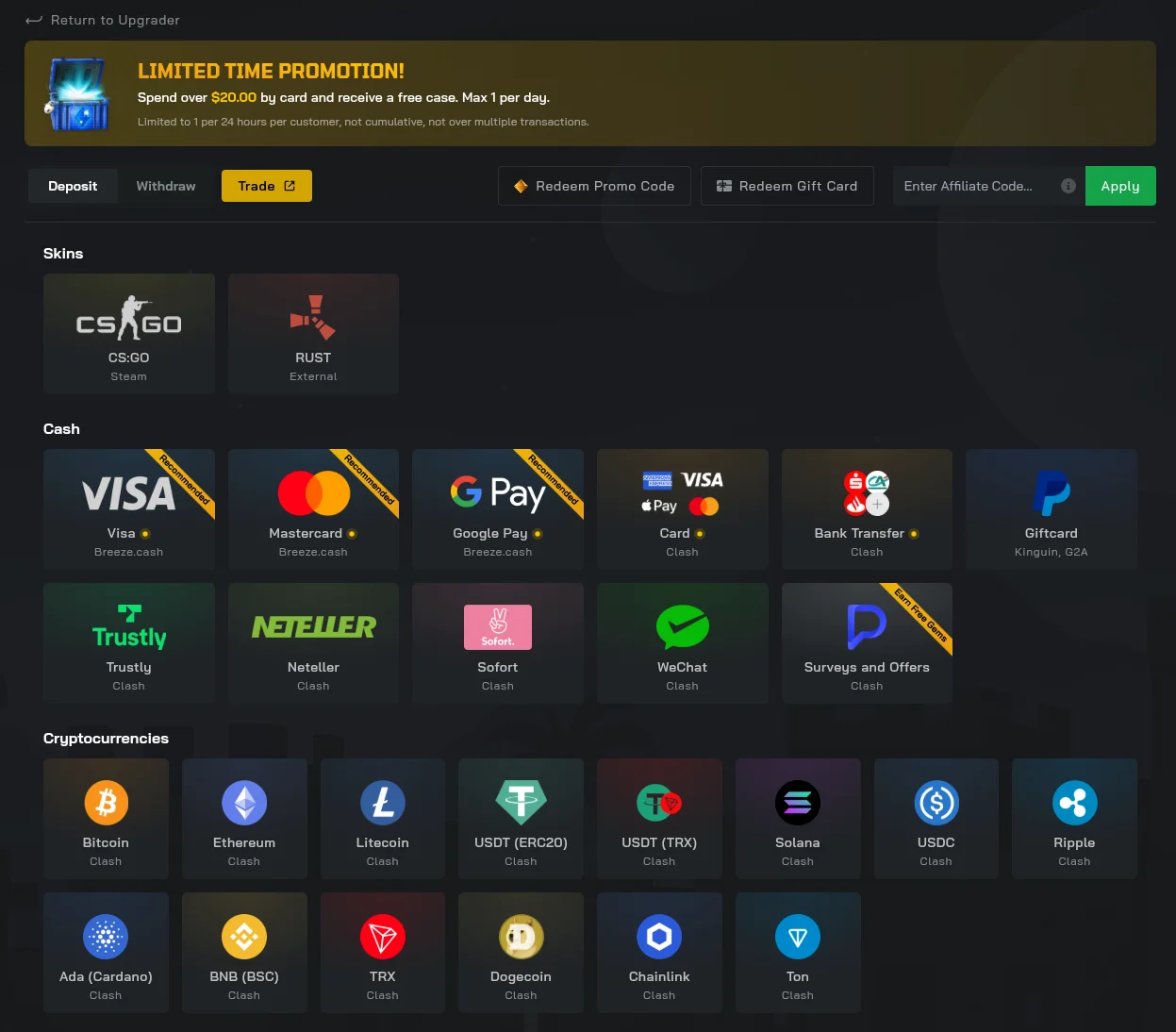 The deposit screen on Clash.gg, with skins, card and crypto options