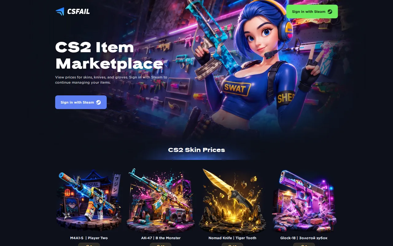 cs.fail's public landing page in August 2026, presented as a CS2 item marketplace; the high-risk games appear after Steam sign-in