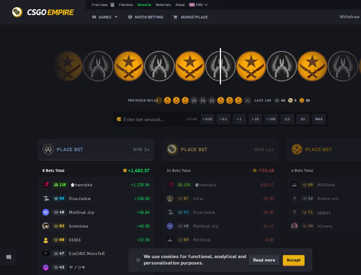 CSGOEmpire homepage showing the signature CS2 roulette game and live bets