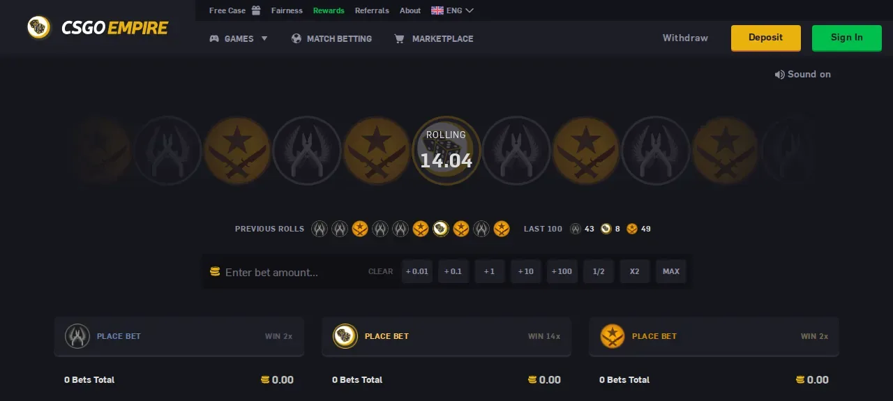 CSGOEmpire roulette wheel mid-spin, with the three bet slots below it