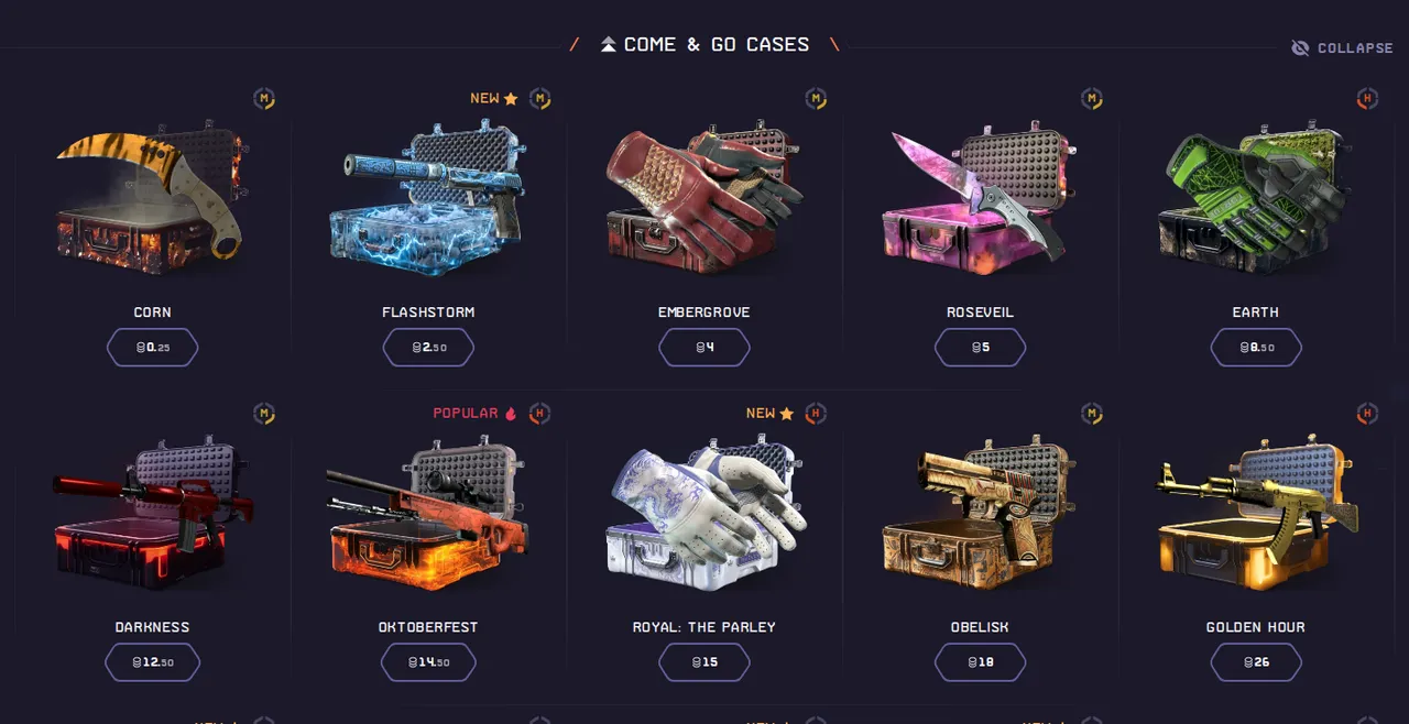 The Come and Go cases section on DatDrop, with case prices from 0.25 coins