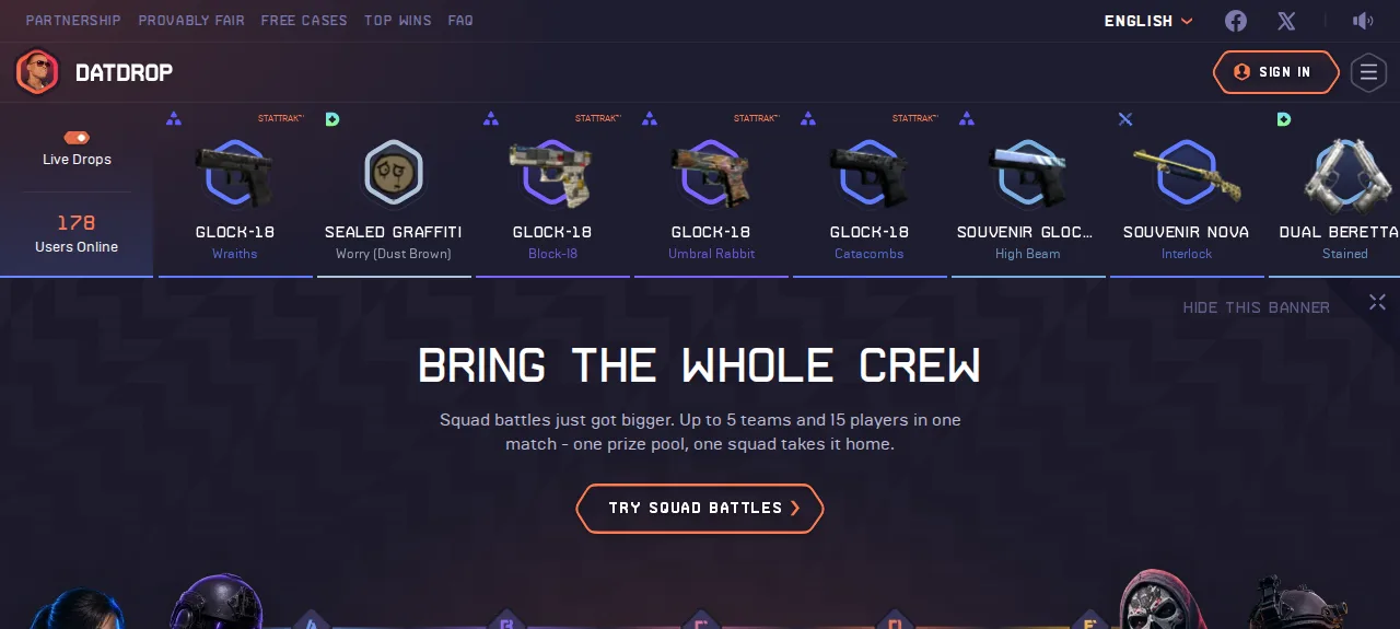 DatDrop homepage with the live drops strip and the Squad Battles banner