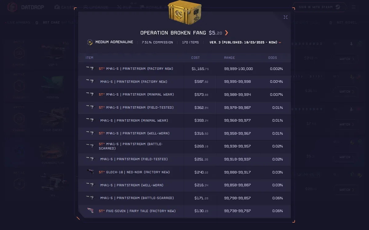 DatDrop game modes showing case battles, Battle Royale and the Upgrader